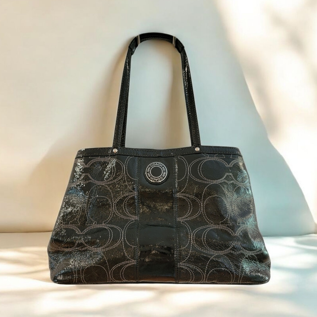 Coach Black Patent Leather Logo Carryall Purse Bag